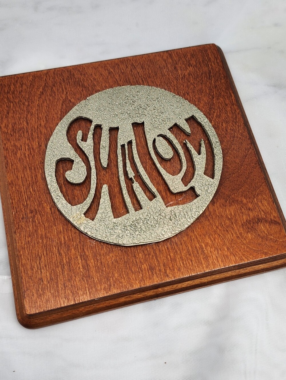 Vintage MCM Silver Tone Shalom On Wooden Plaque Square 6" X 6" EUC